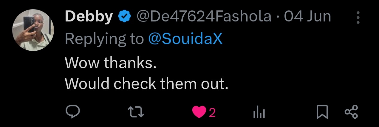 Debby tweet saying Wow thanks. Would check them out.