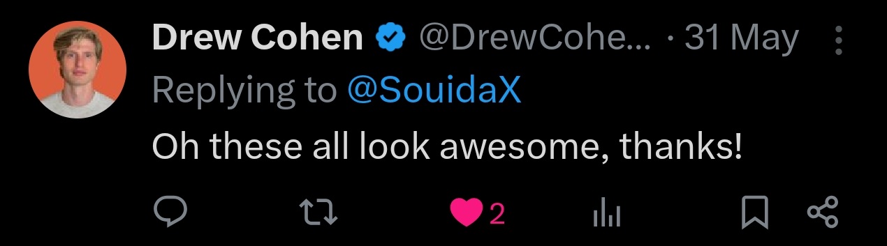 Drew Cohen tweet saying these all look awesome, thanks